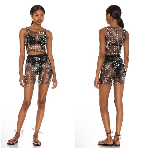 Beach Bunny Dresses & Skirts - Beach Bunny Glitzy Girl Mesh Pearl Top & Skirt Set in Black Size S